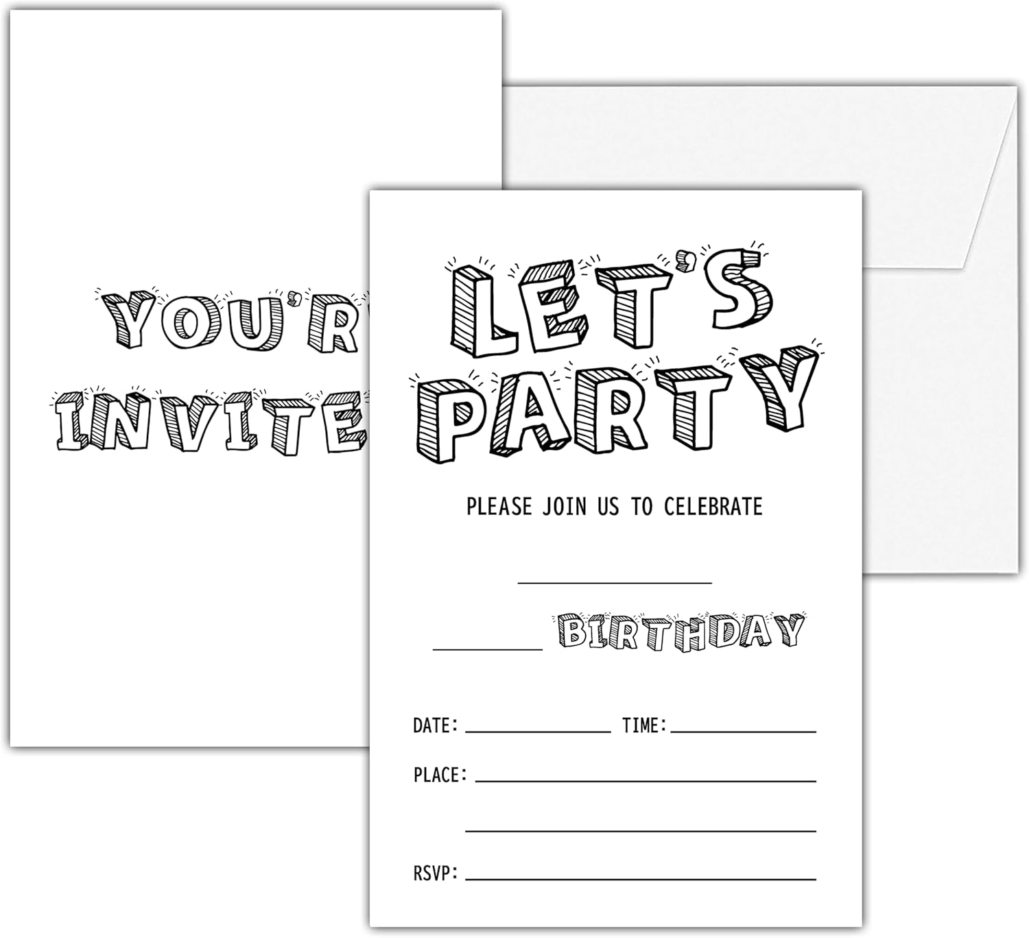Black and White Birthday Invitations 25 Cards with Envelopes