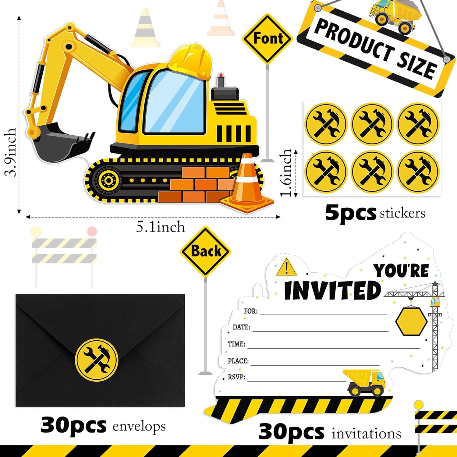 30 Piece Construction Excavator Birthday Invite Set