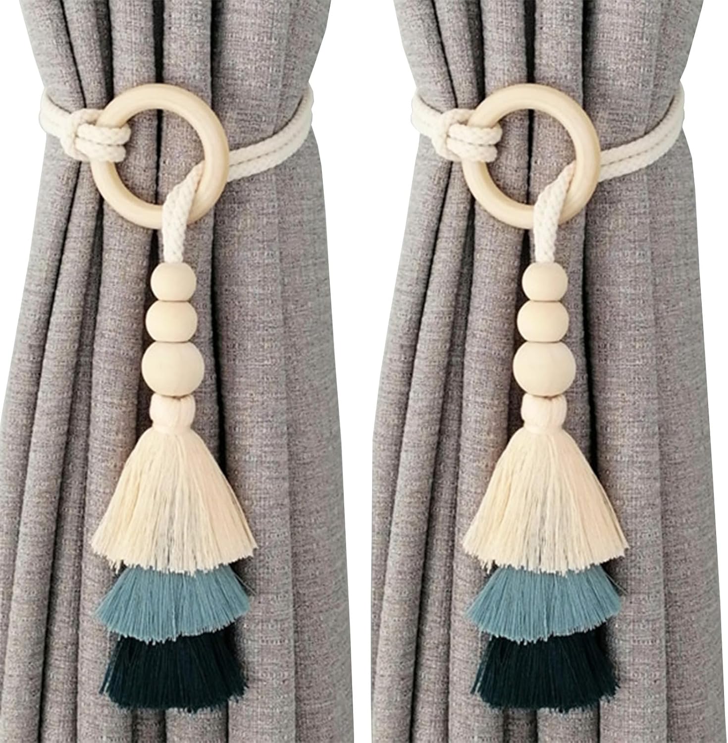 2pcs Wooden Bead Curtain Tiebacks Bohemian Decor Blue