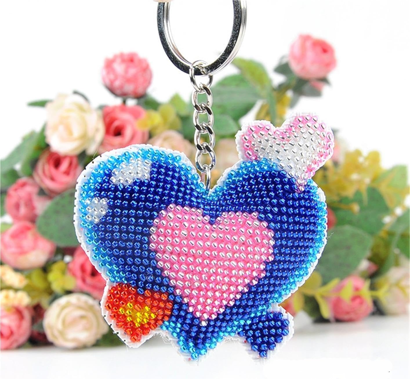 Beaded Heart Keychain for Couples - Red Blue Cross Stitch Charm