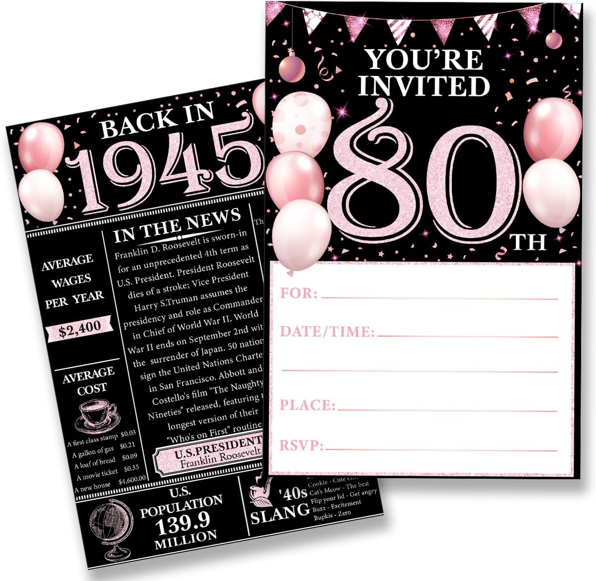 80th Birthday Invitations Set with Envelopes - Pink Design 1945 Theme