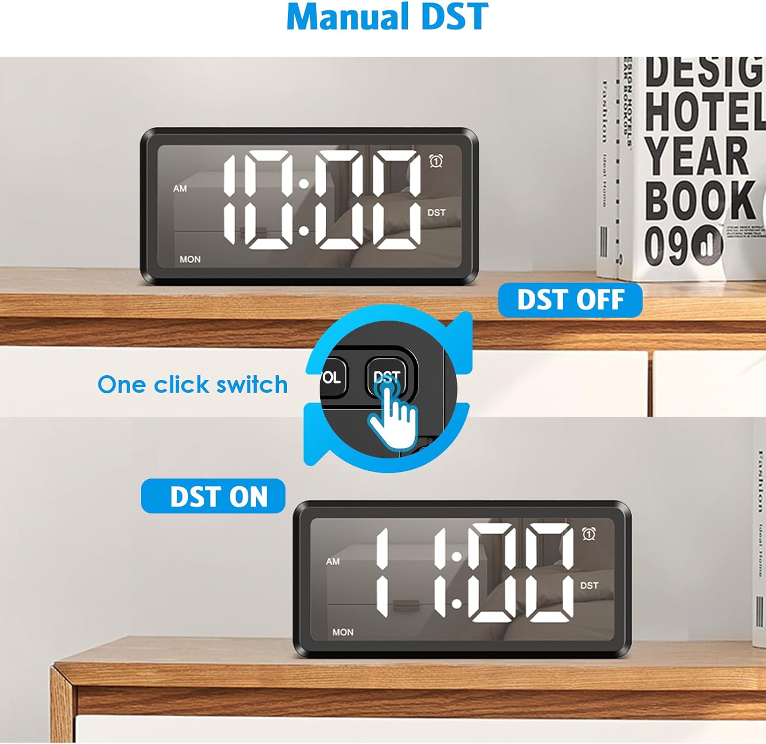 AMIR Wooden Alarm Clock with 2 Alarms and USB Charging