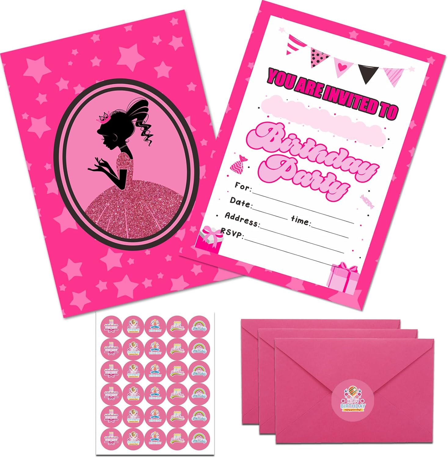 30 Pack Pink Birthday Invites for Girls with Envelopes and Stickers