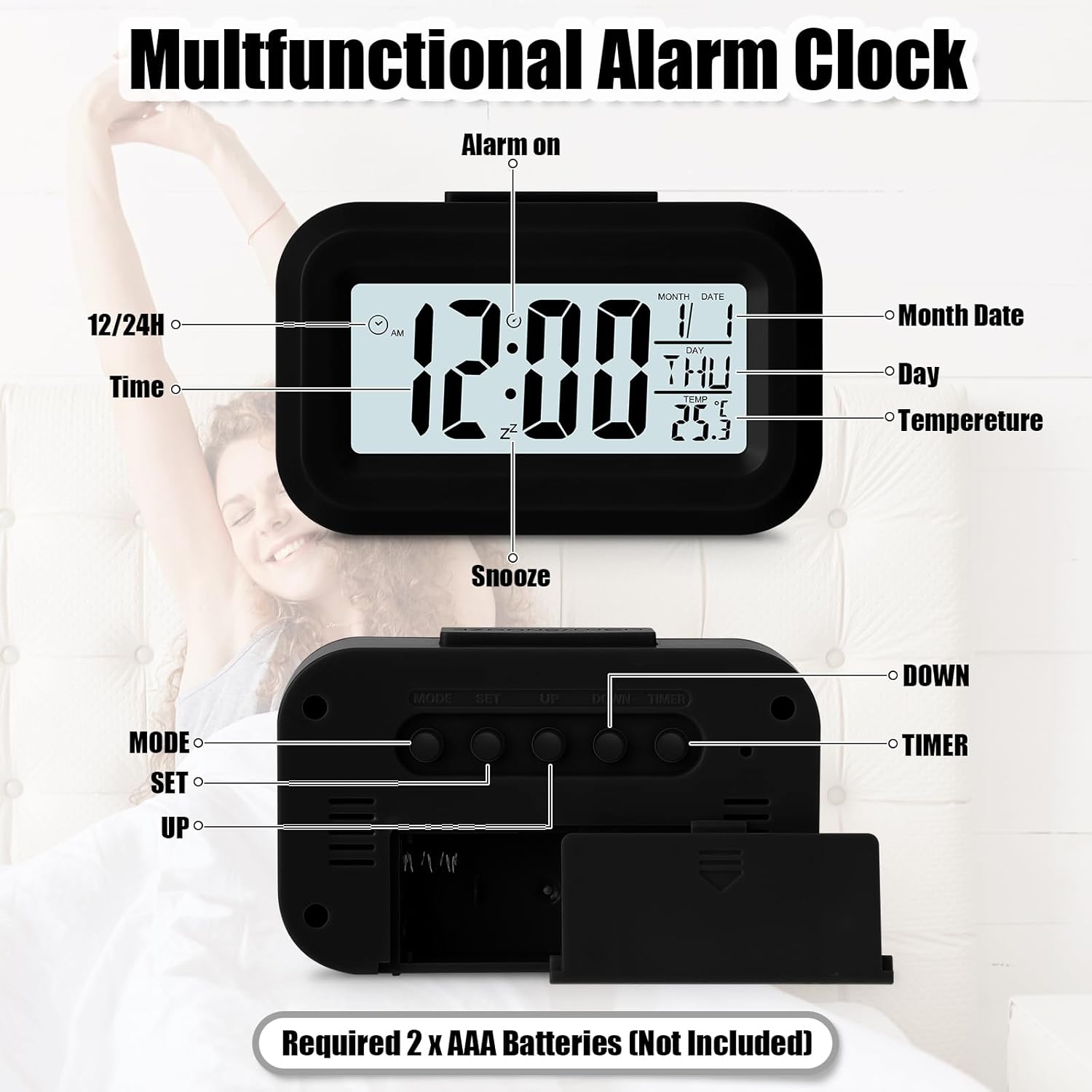 Highergo 3 Pack Digital Alarm Clocks with Night Light and Temperature Display