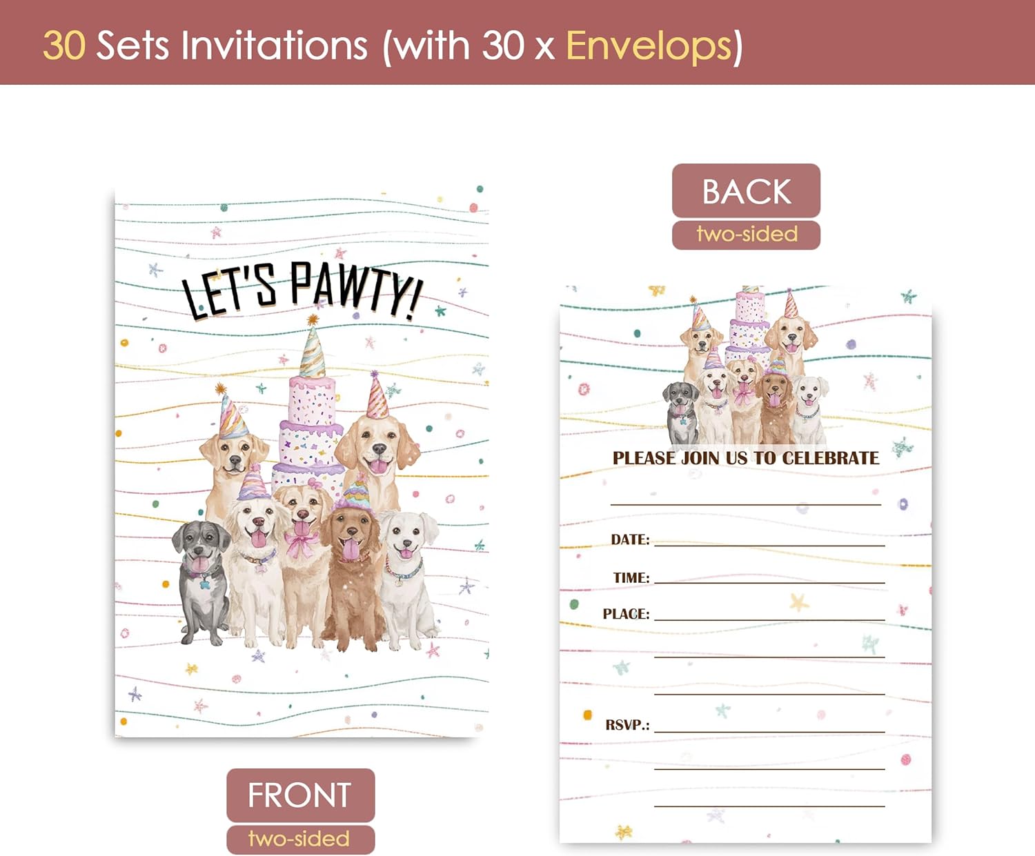 VAVINCI Pets Birthday Party Invitations 30 Sets with Envelopes
