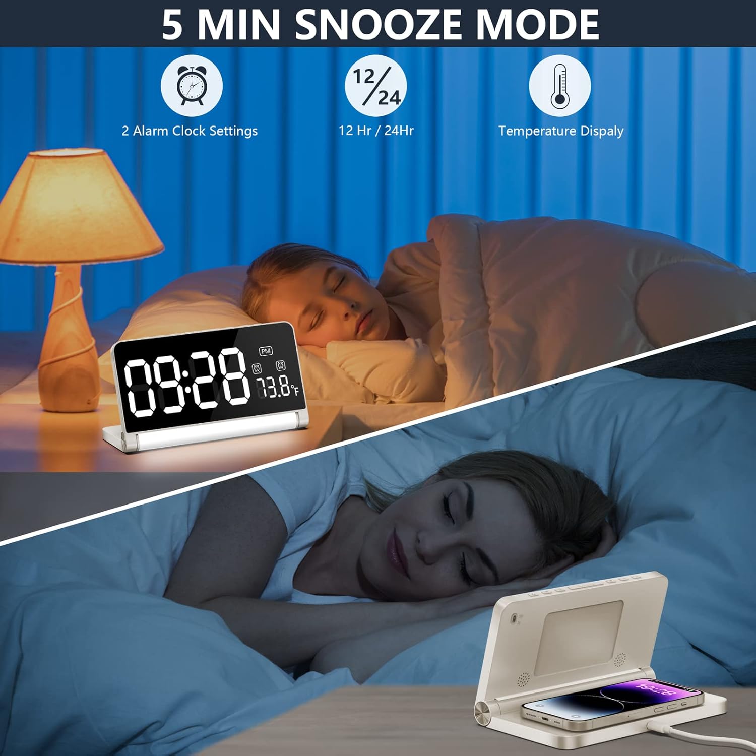 Digital Alarm Clock with Wireless Charging and Night Light for Bedroom