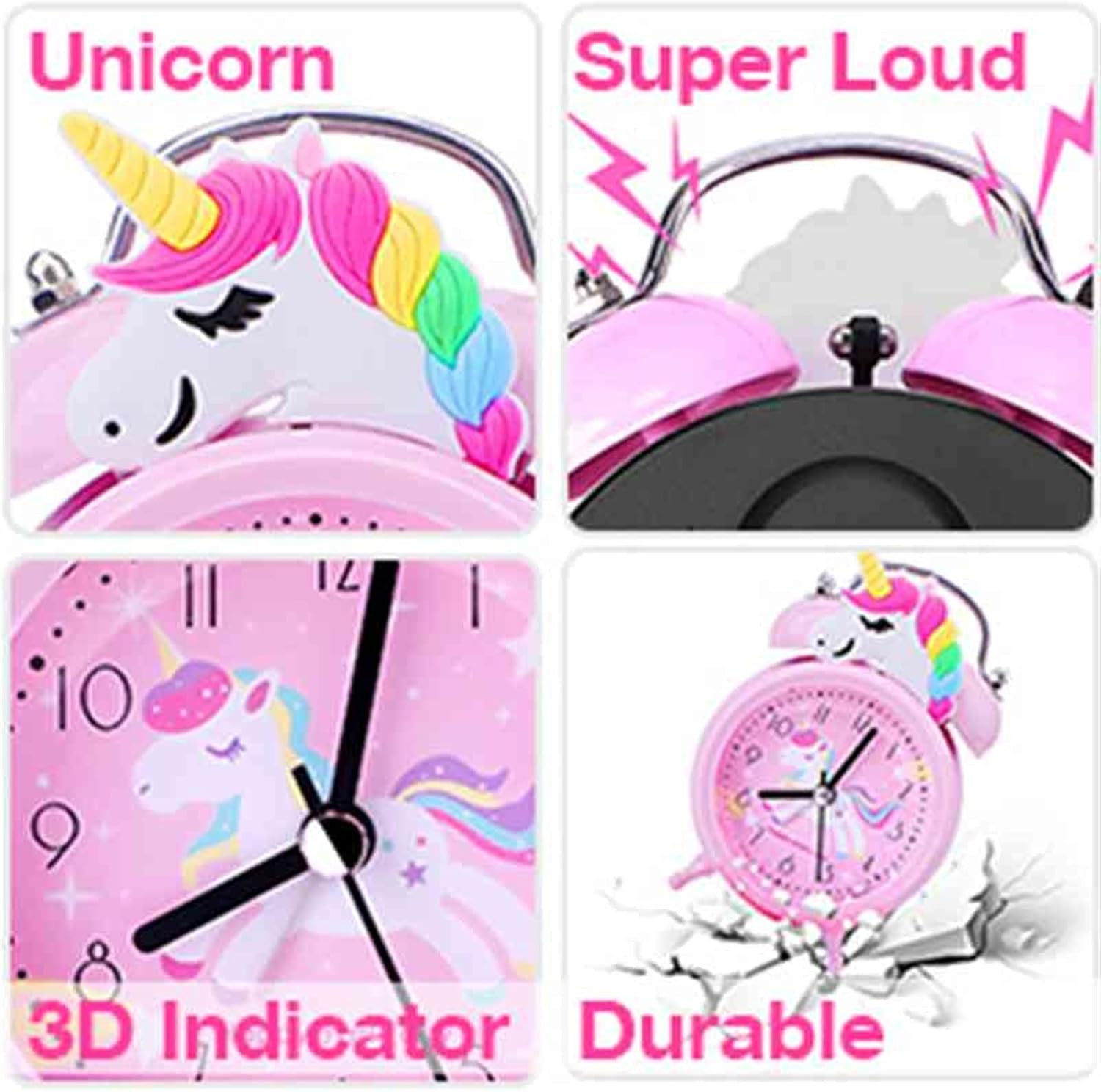Pink Unicorn Desk Clock with Backlight and Double Bell