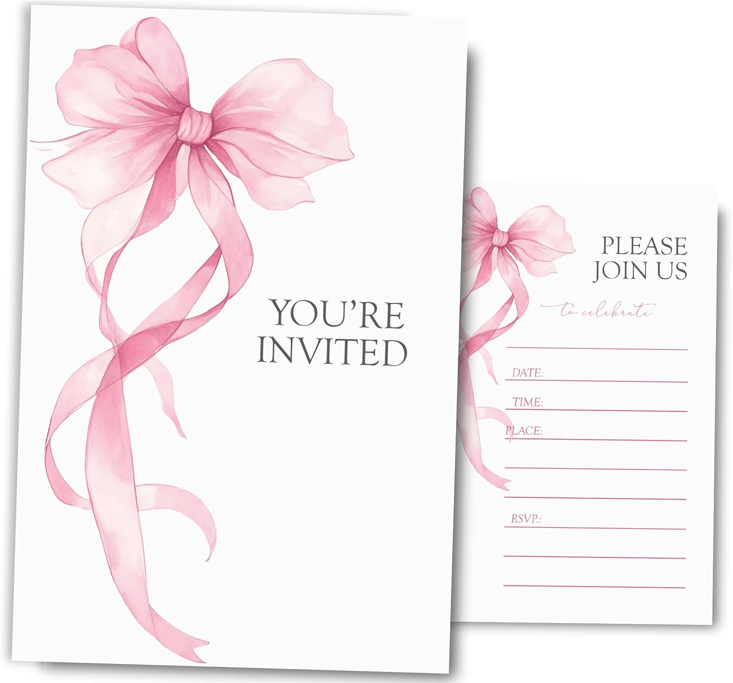 Pink Bow Birthday Invitations for Girls 4x6 30 Sets with Envelopes