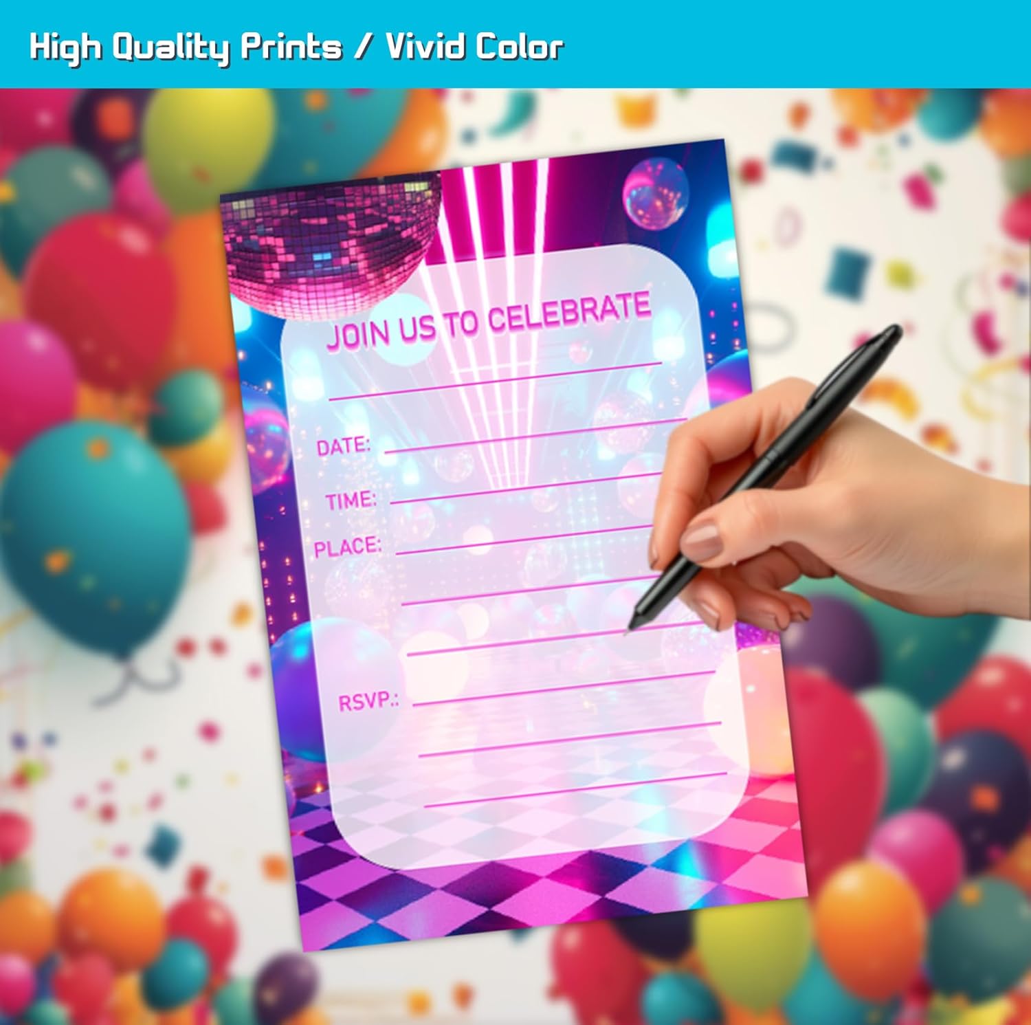 Neon Disco Party Invitation Cards for Girls