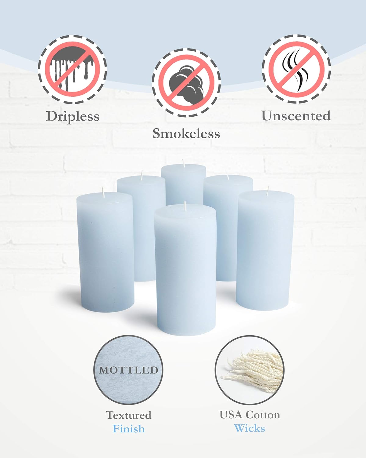 Mottled Pillar Candles Set of 6 Light Blue Dripless