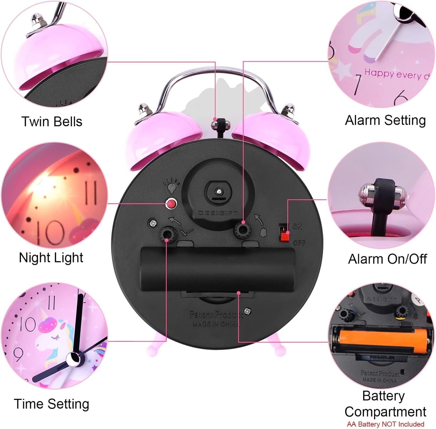 Pink Unicorn Desk Clock with Backlight and Double Bell