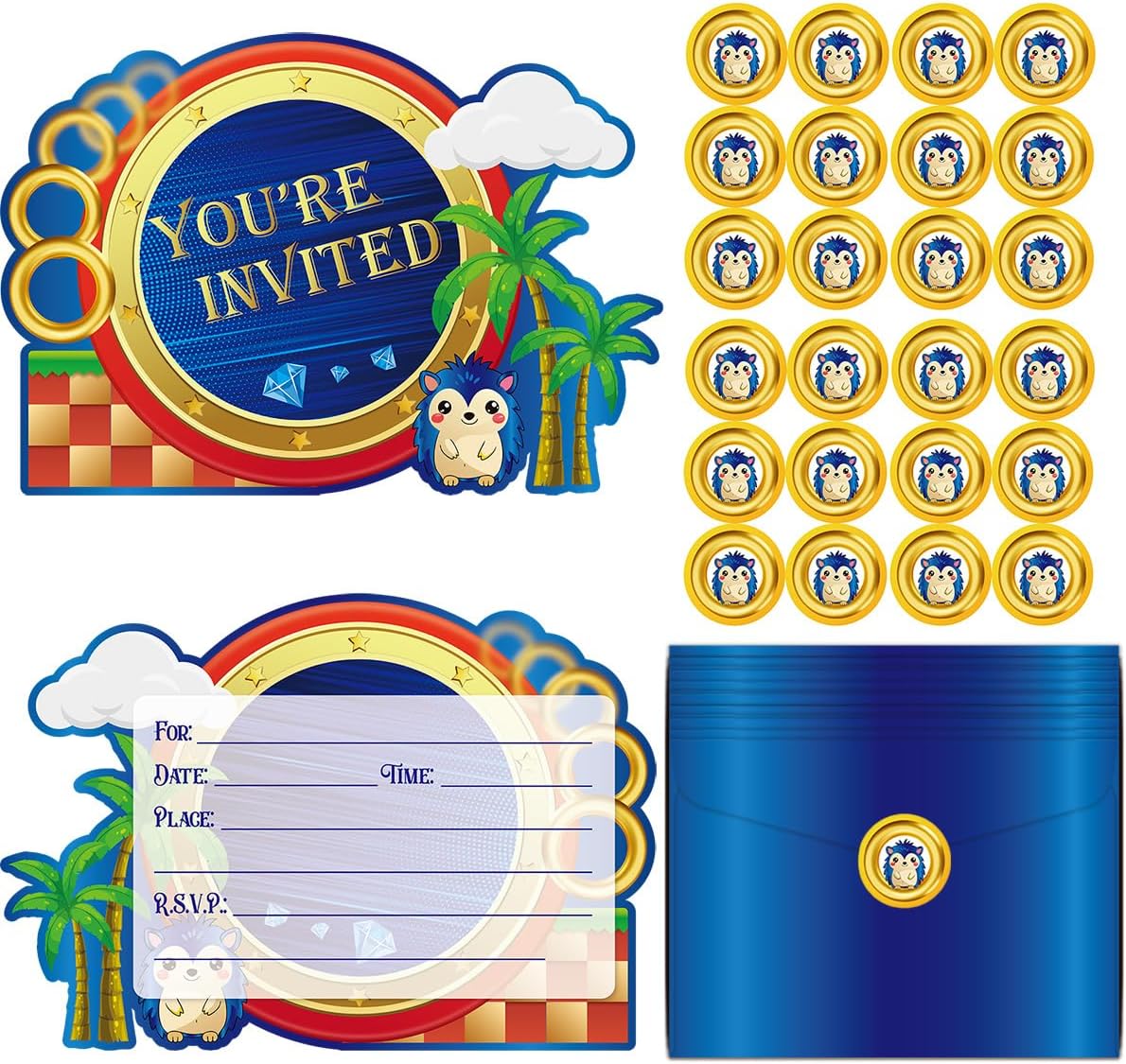 GZDUCK 20Pcs Blue Hedgehog Birthday Invitations