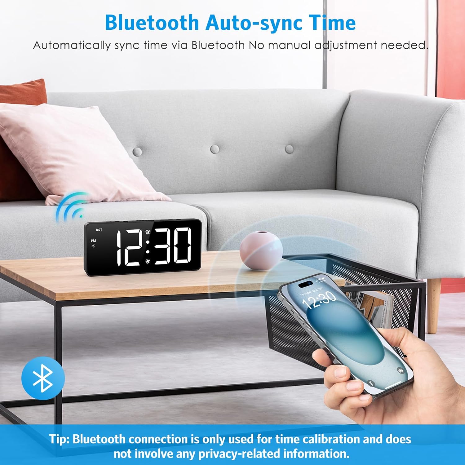 AMIR Alarm Clock for Bedroom with Bluetooth Sync and USB Charging