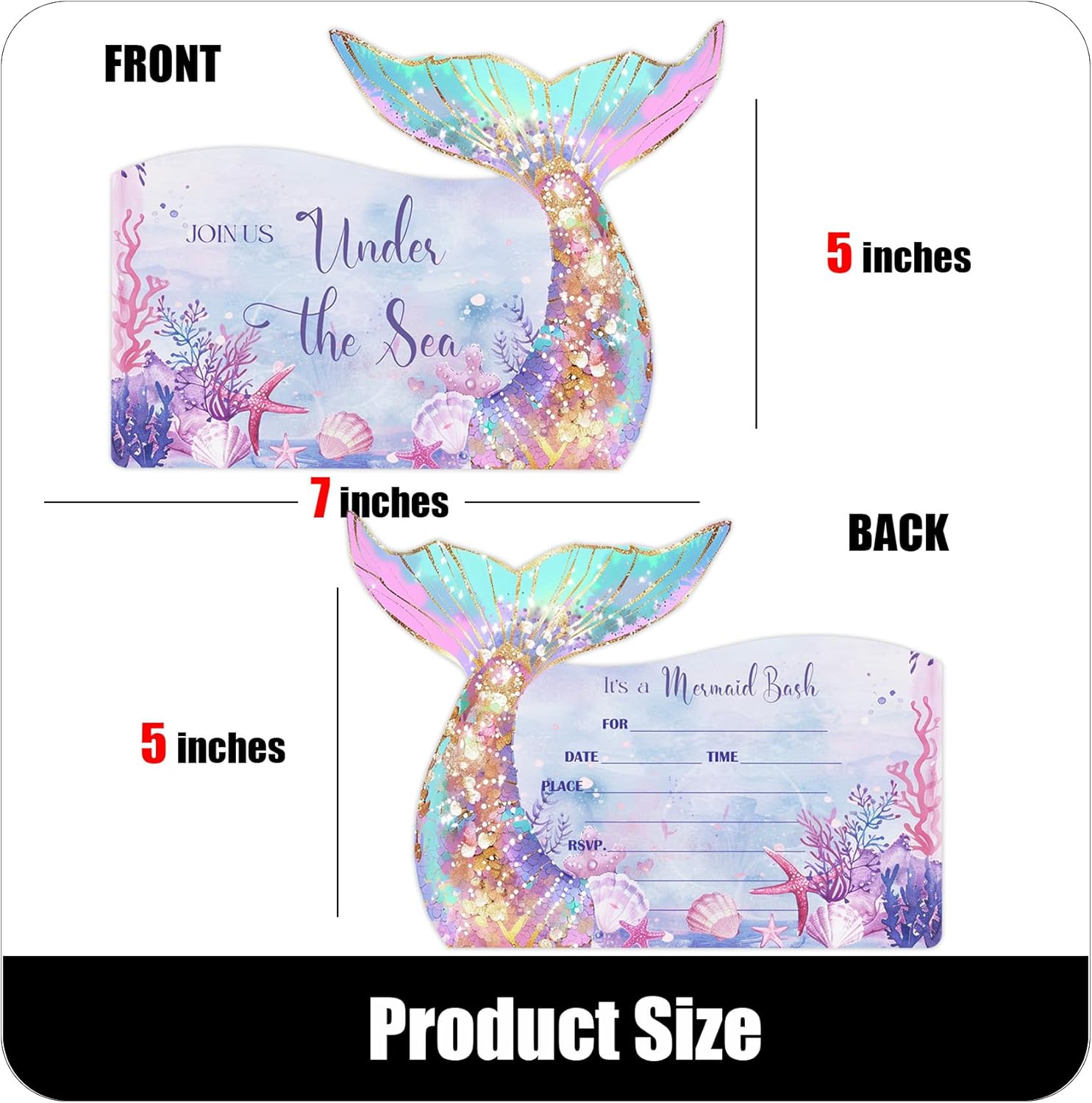 Mermaid Birthday Invitations with Envelopes 5x7 Inches