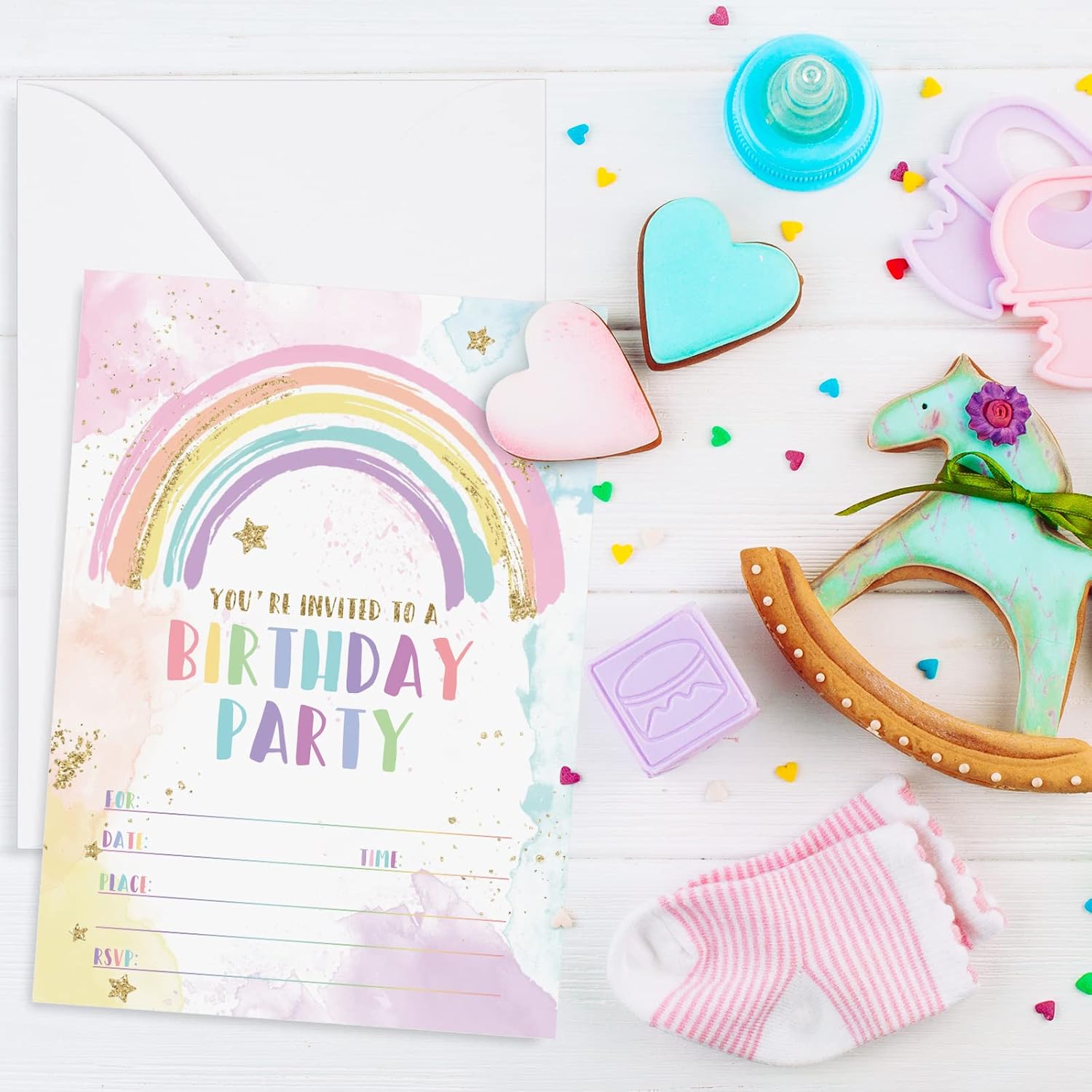 Rainbow Birthday Invitations with Envelopes Set of 20