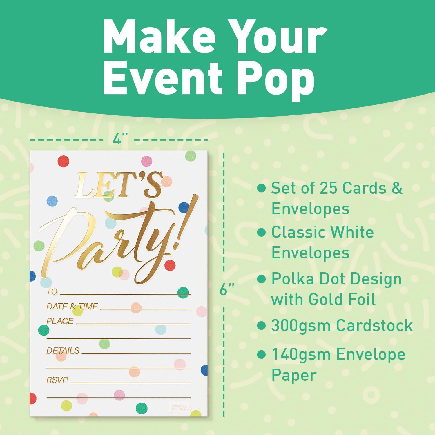 Sweetzer Orange Set of 25 Polka Dot Party Invites