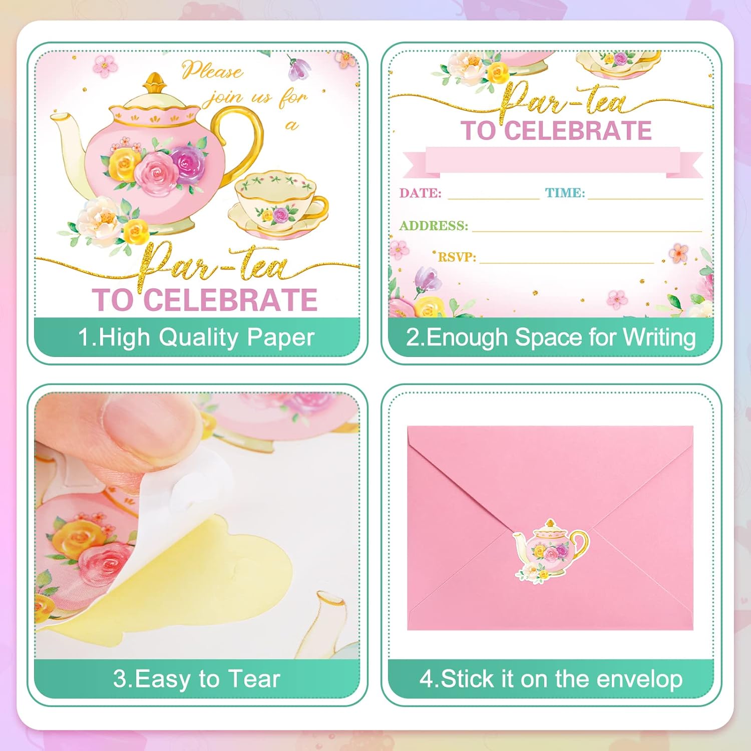 Geyoga 24 Pcs Tea Party Invites with Envelopes and Stickers