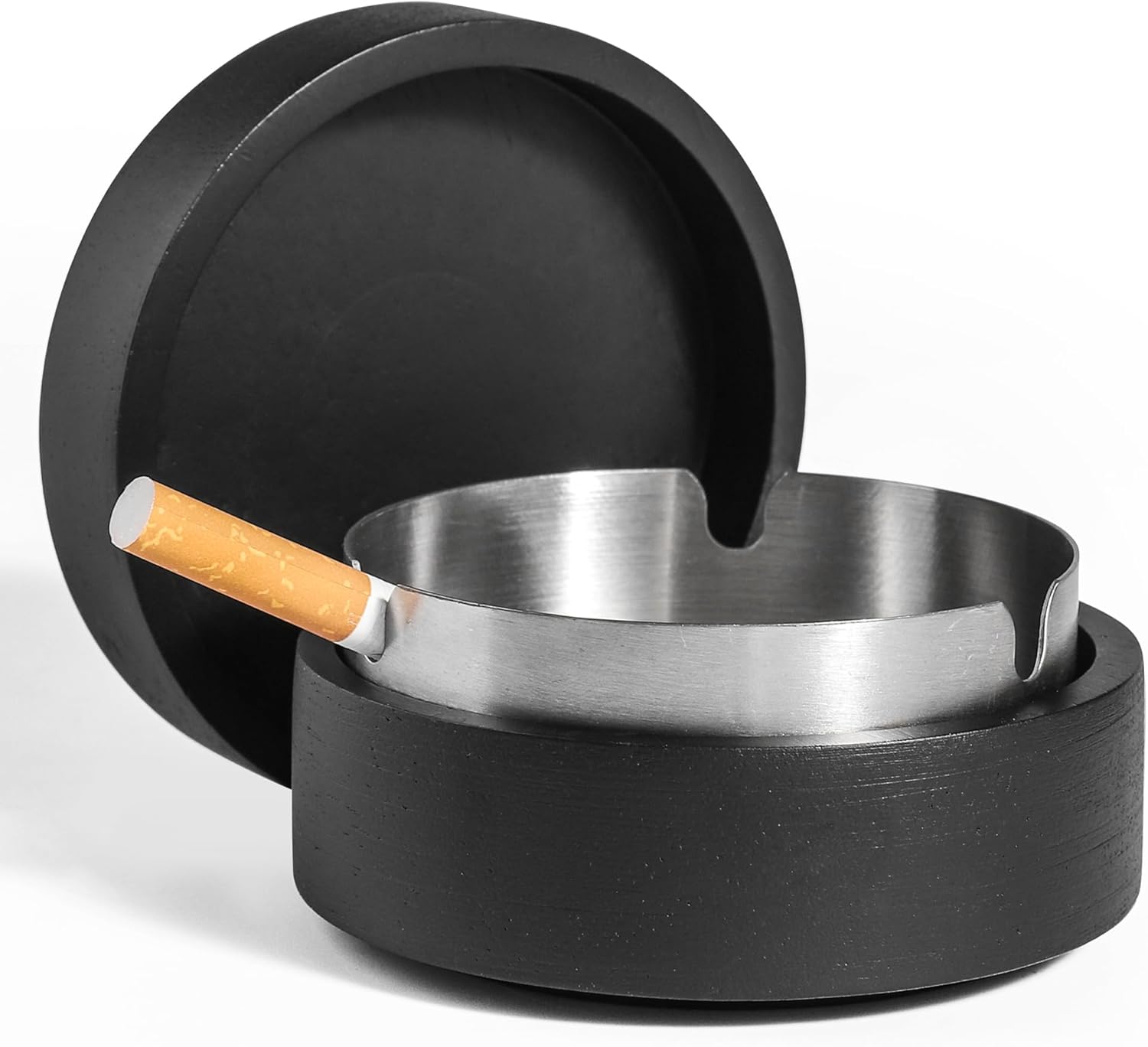 Wooden Ashtray with Lid for Outdoor Indoor Use Black