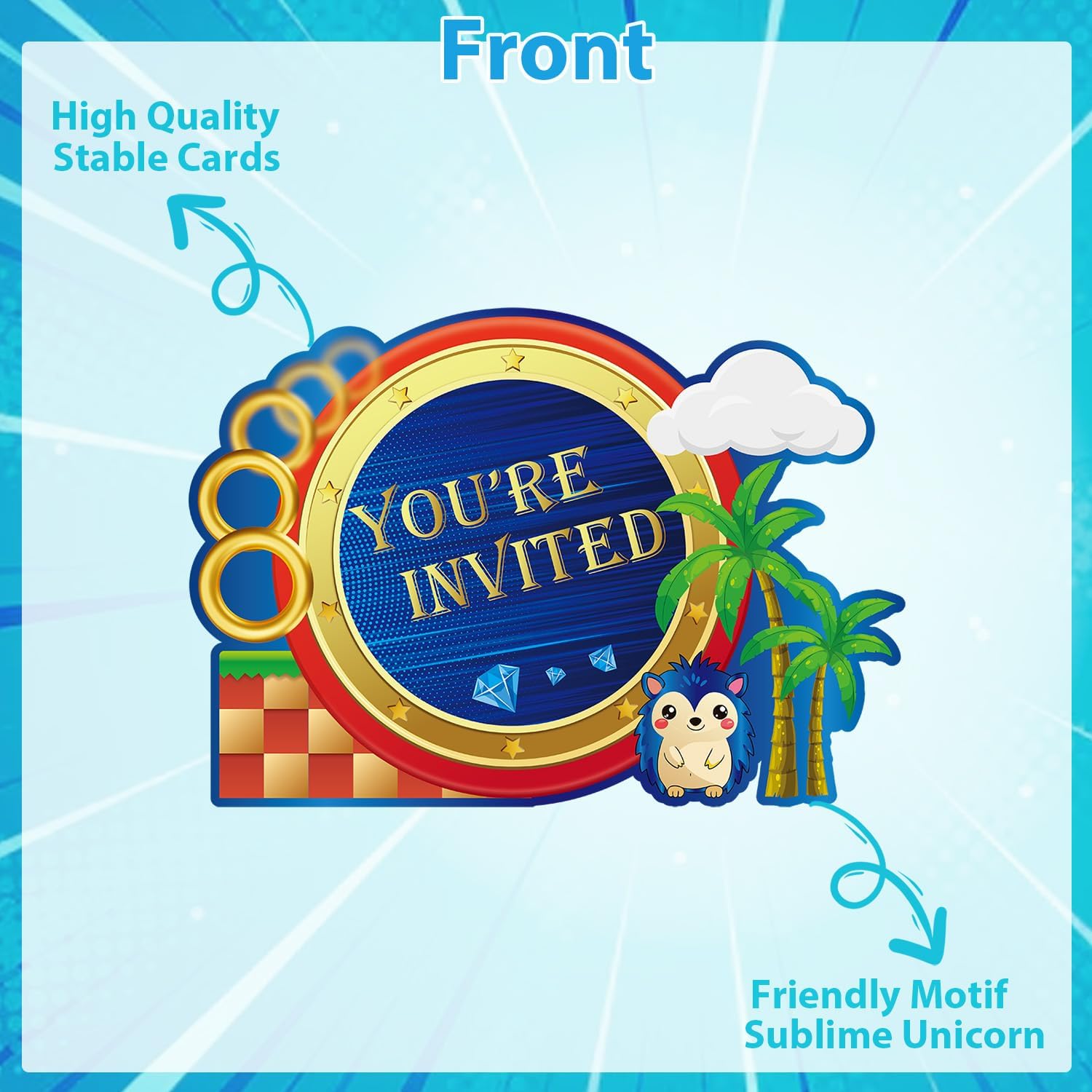 GZDUCK 20Pcs Blue Hedgehog Birthday Invitations