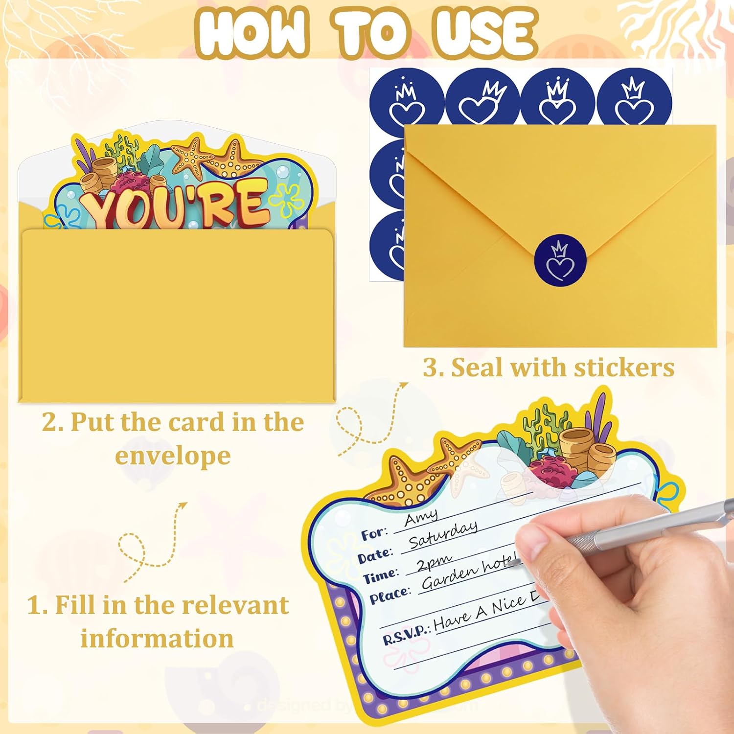 Yellow Birthday Invitations with Sticker Labels 20Pcs Set
