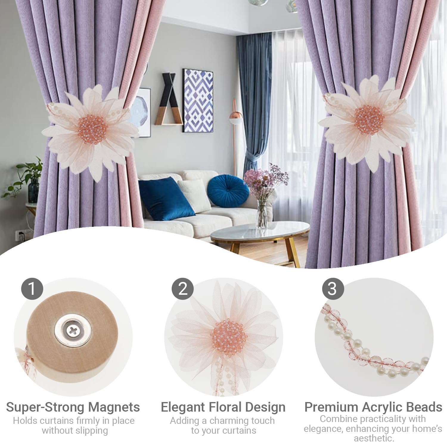 Flower Magnetic Curtain Tiebacks - 2 Pack Pink