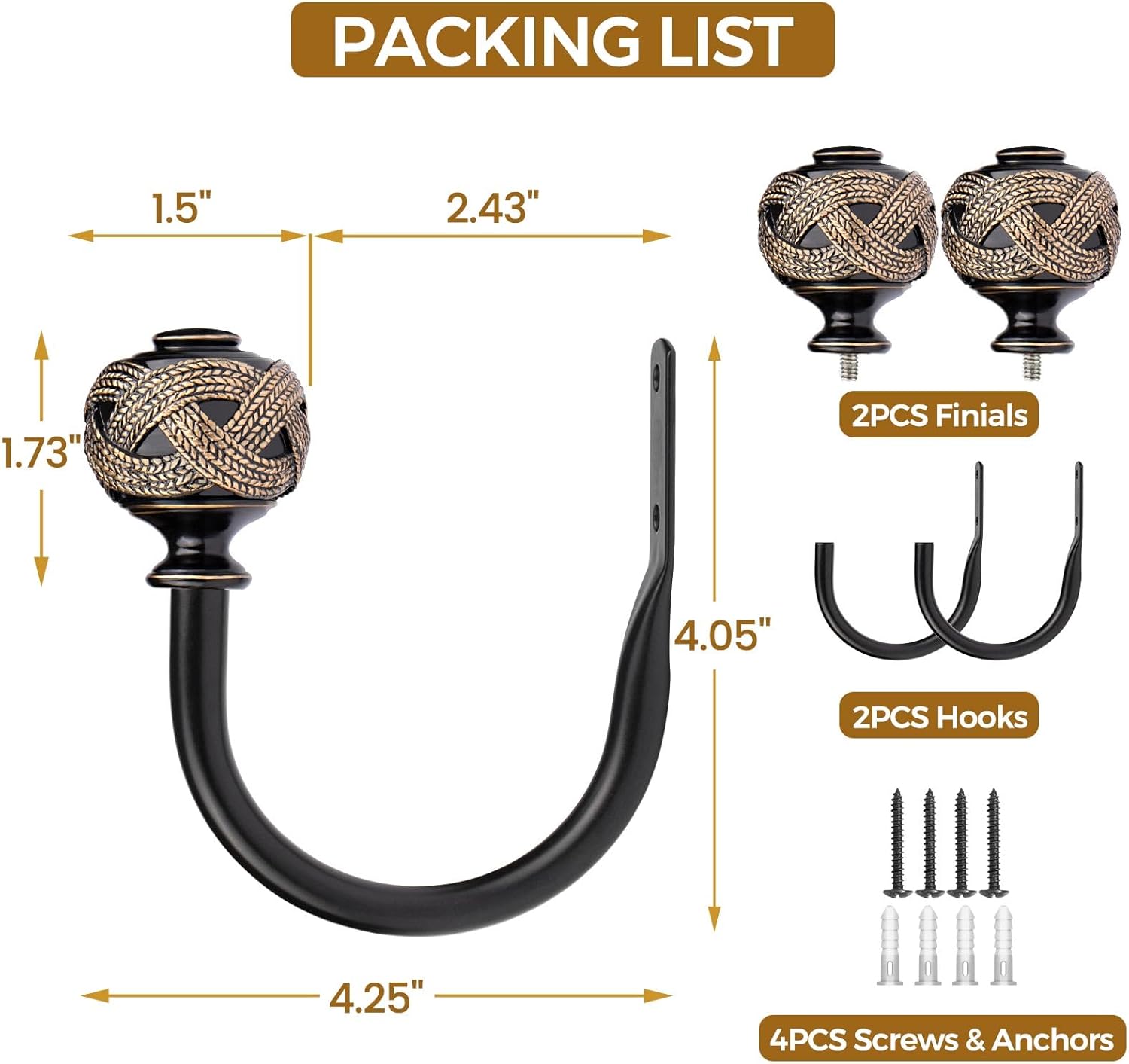 2 Pack Black Curtain Holdbacks with Leaf Finials