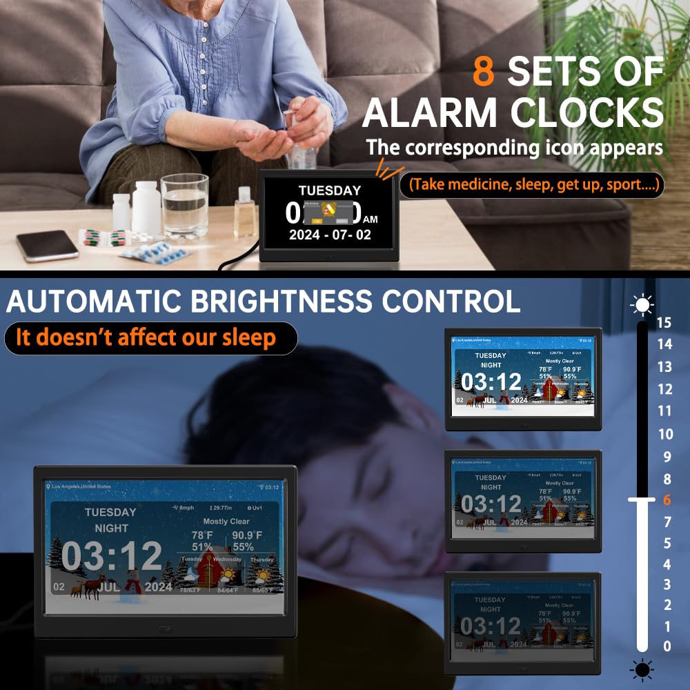 TIMEMOON 10 Inch Digital Calendar Clock with 8 Alarms and Weather Display