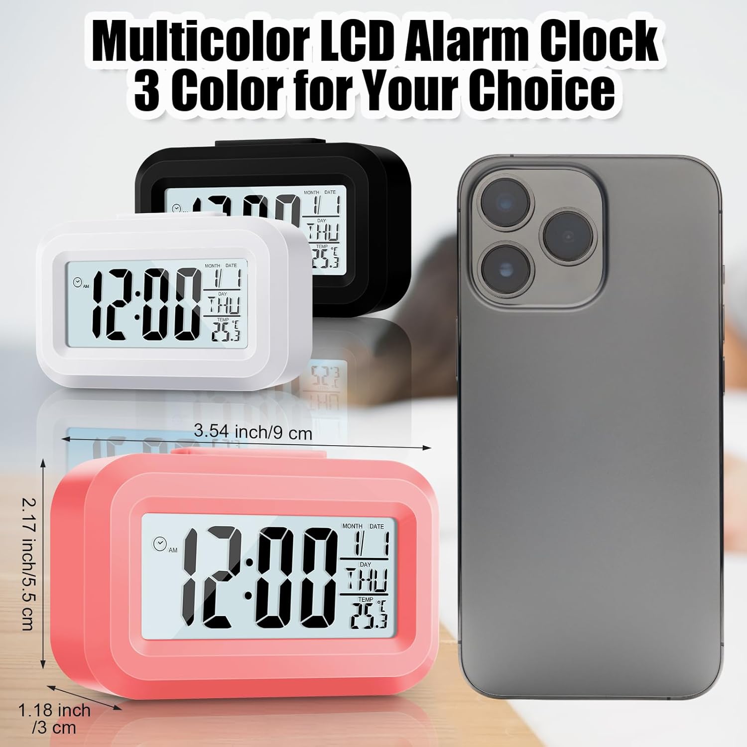 Highergo 3 Pack Digital Alarm Clocks with Night Light and Temperature Display