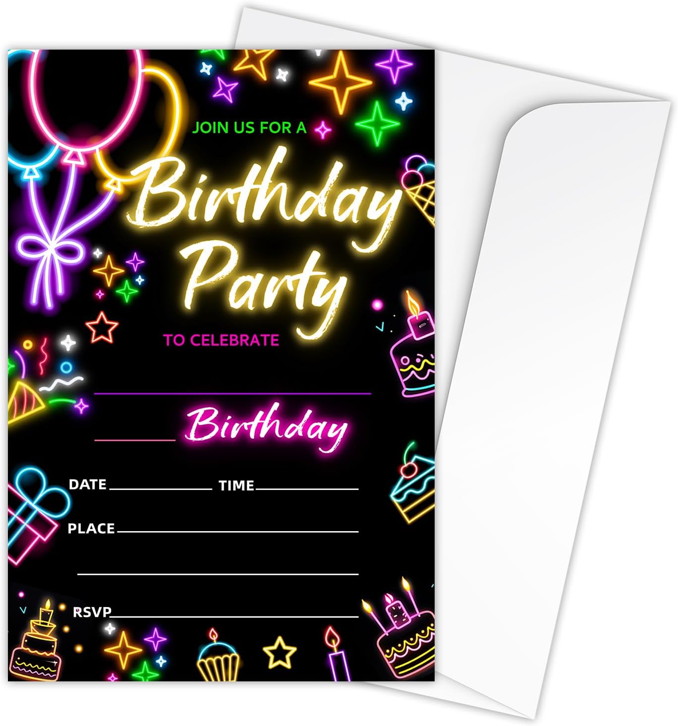 Zodvery Neon Birthday Party Invitations Cards 20pcs Set