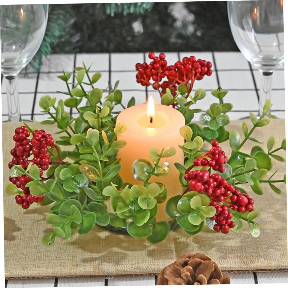 2pcs Eucalyptus Red Berry Candle Christmas Wreaths for Party