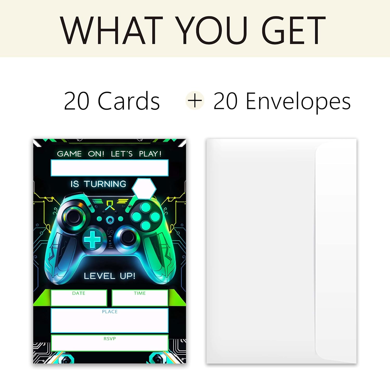 Gaming Birthday Invitations Set - 20 Cards with Envelopes
