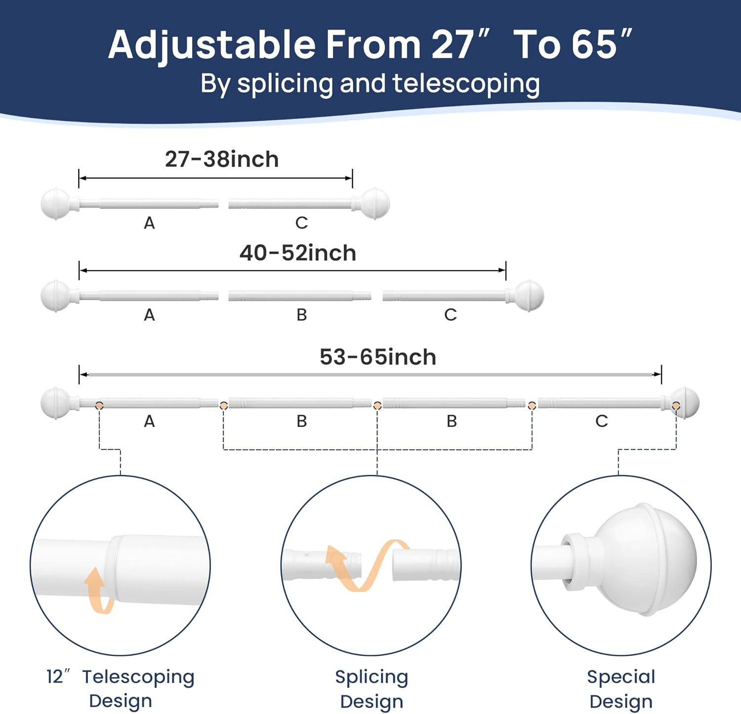 ENJOYBASICS No Drill Curtain Rods White 27-65 Inch Adjustable
