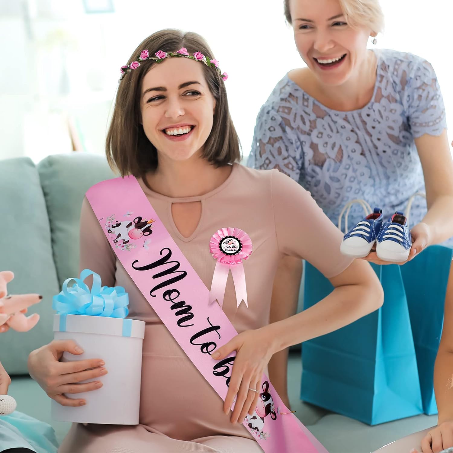 Chunful Pink Cow Mom to Be Sash Set