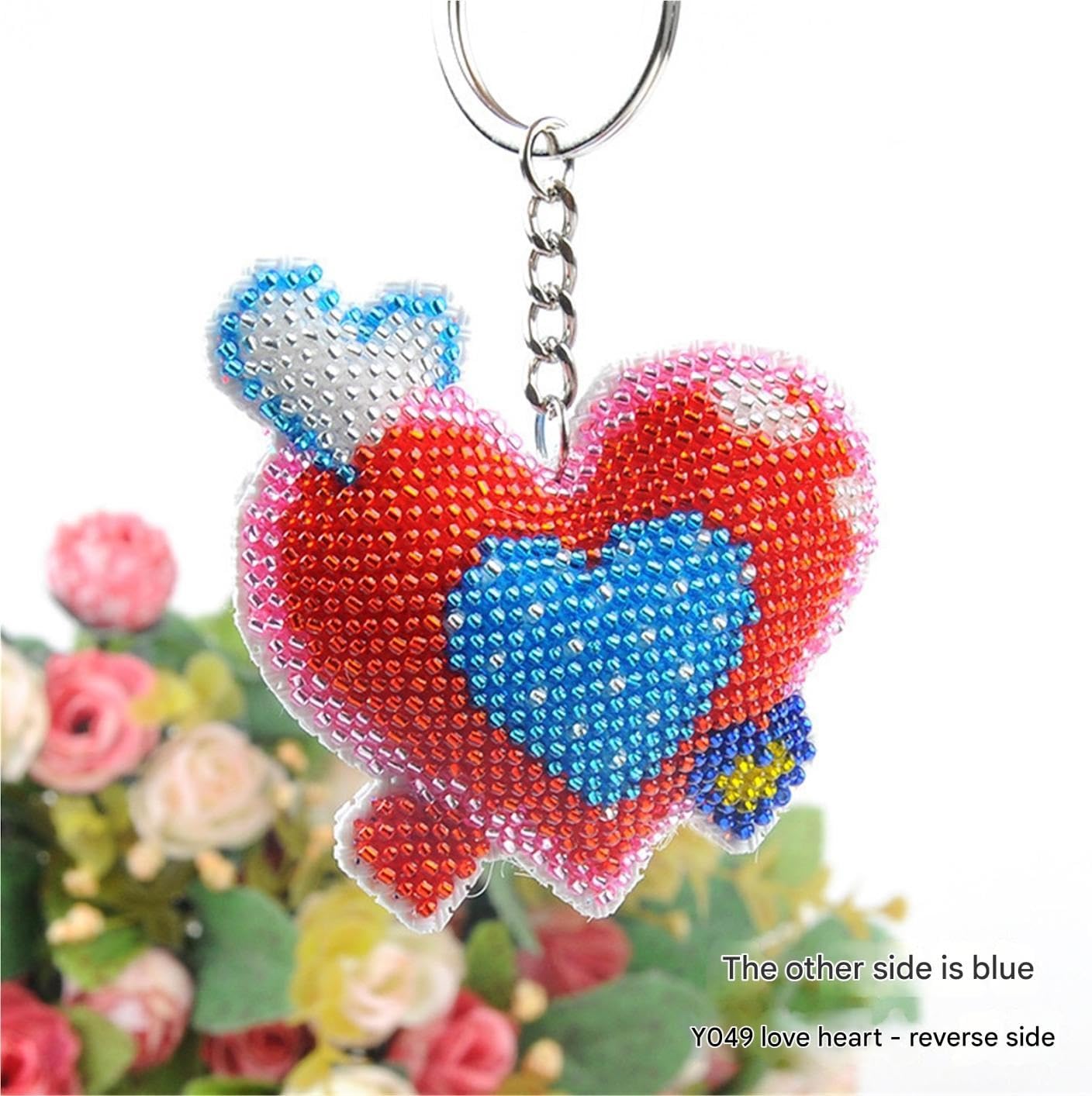 Beaded Heart Keychain for Couples - Red Blue Cross Stitch Charm
