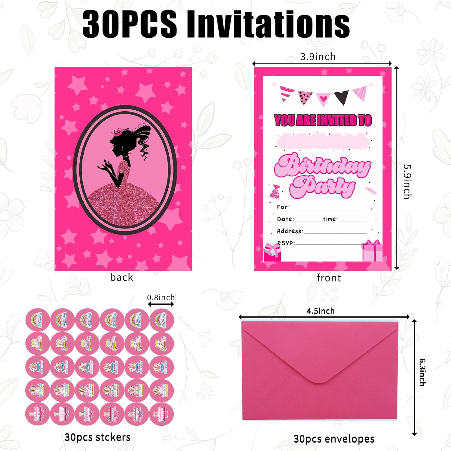 30 Pack Pink Birthday Invites for Girls with Envelopes and Stickers