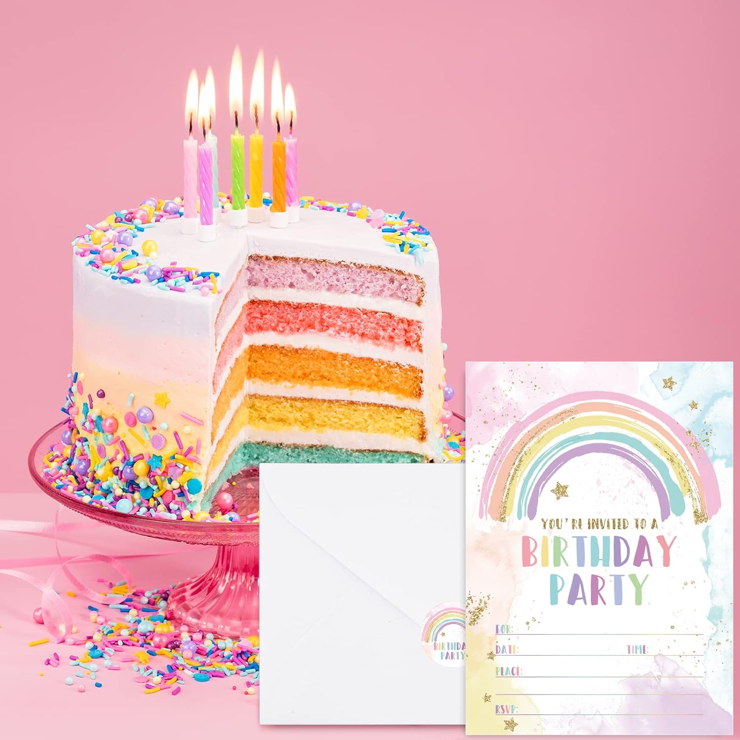 Rainbow Birthday Invitations with Envelopes Set of 20