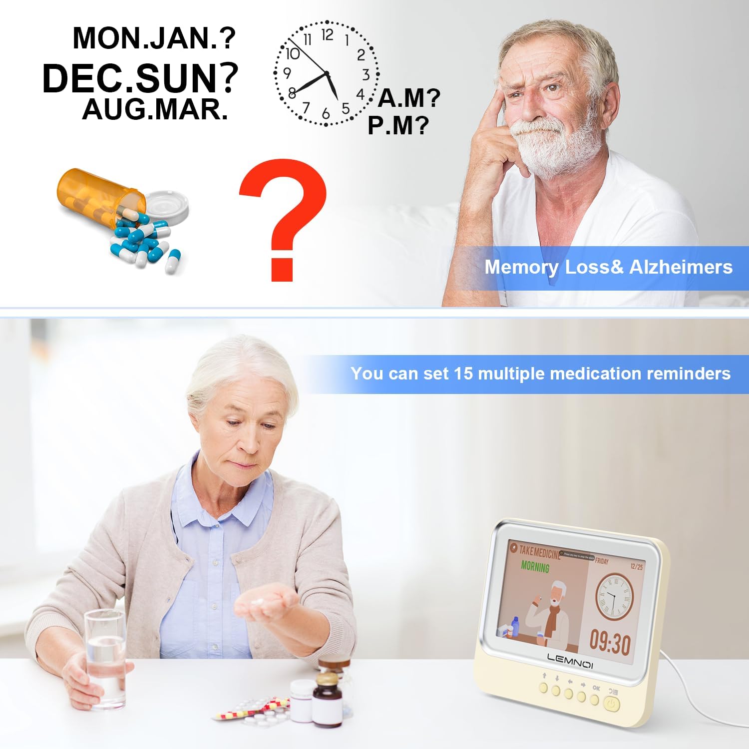 Dementia Clock with 15 Alarms and Customizable Display Modes