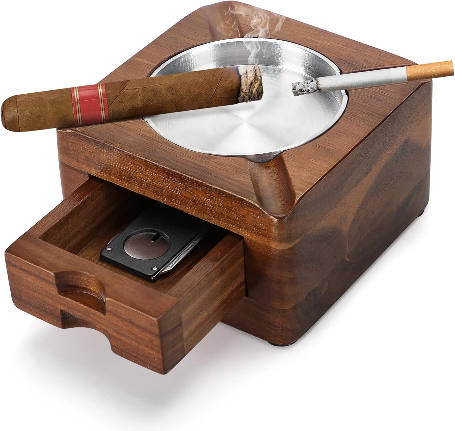 Tesonway Wooden Cigar Ashtray with 4 Slots and Drawer