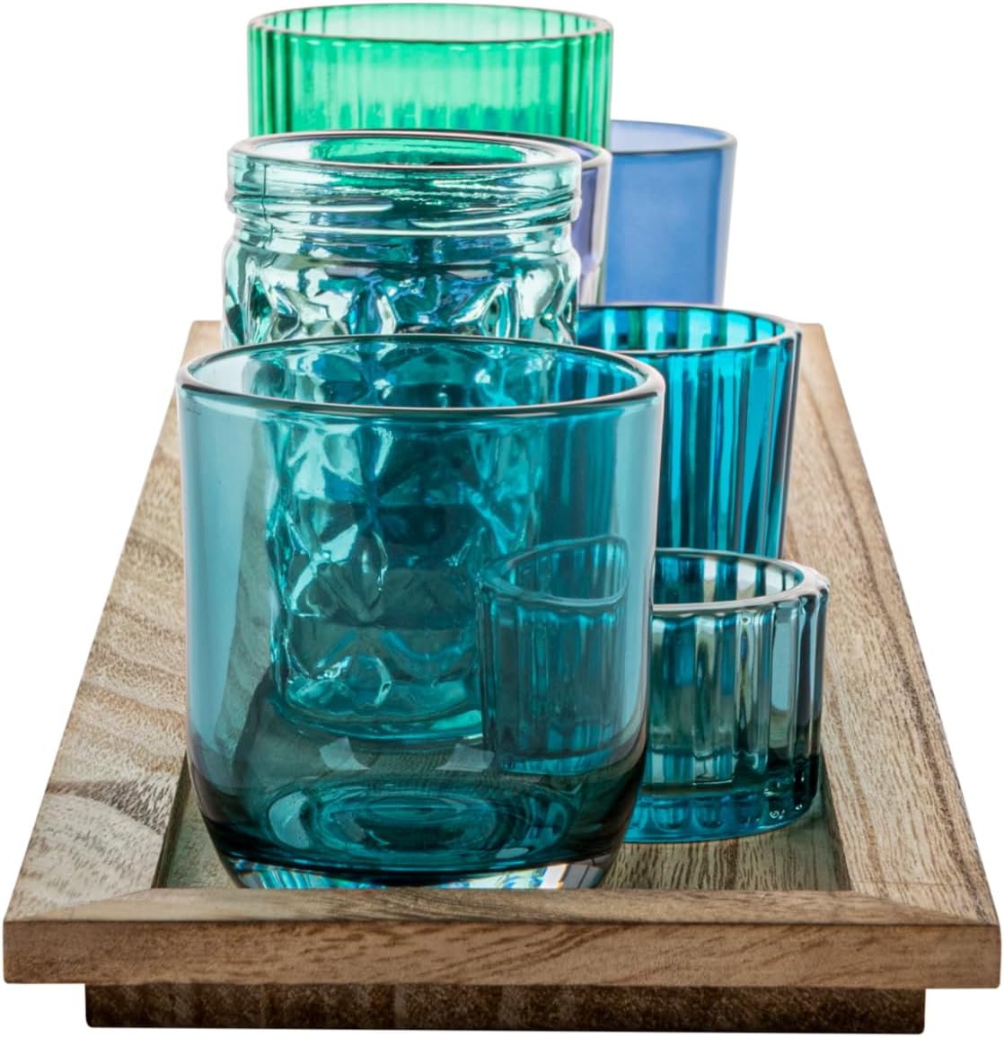 Creative Co Op Wood Tray with 9 Blue and Green Glass Votive Holders