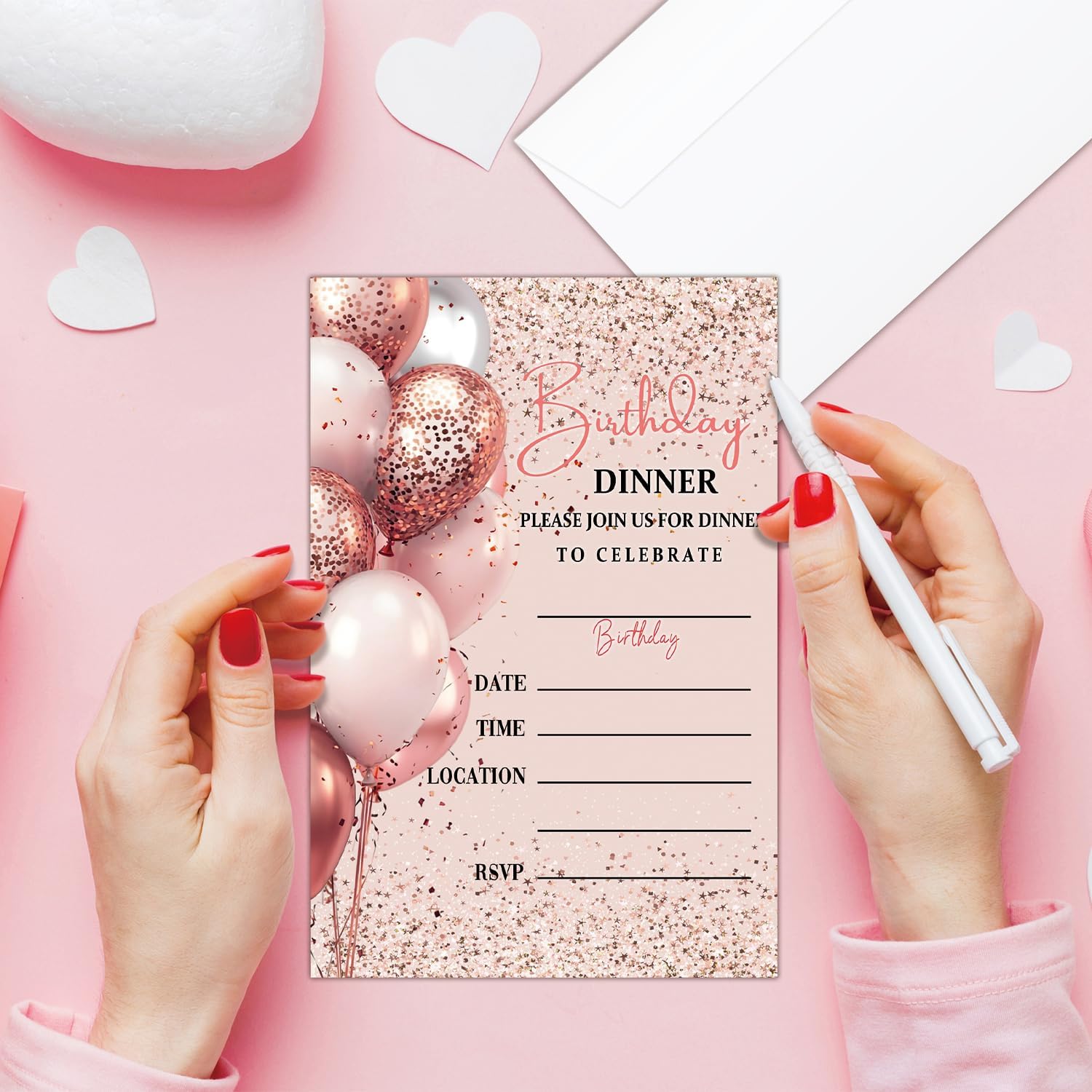 20 Pink Silver Birthday Invites with Envelopes