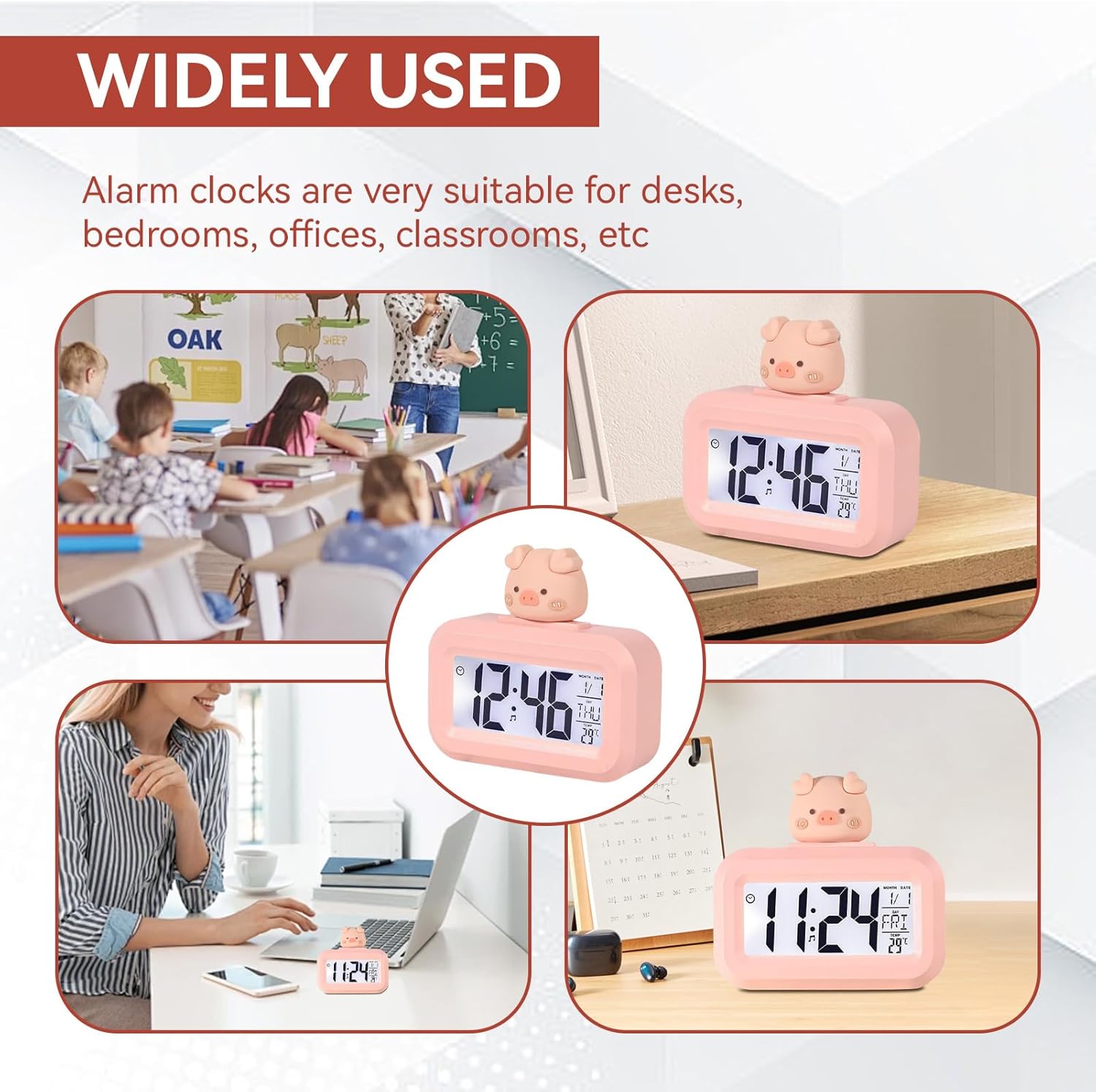 Cyrank Kawaii Alarm Clock for Kids Bedroom Digital Clock with Large Numbers Pink
