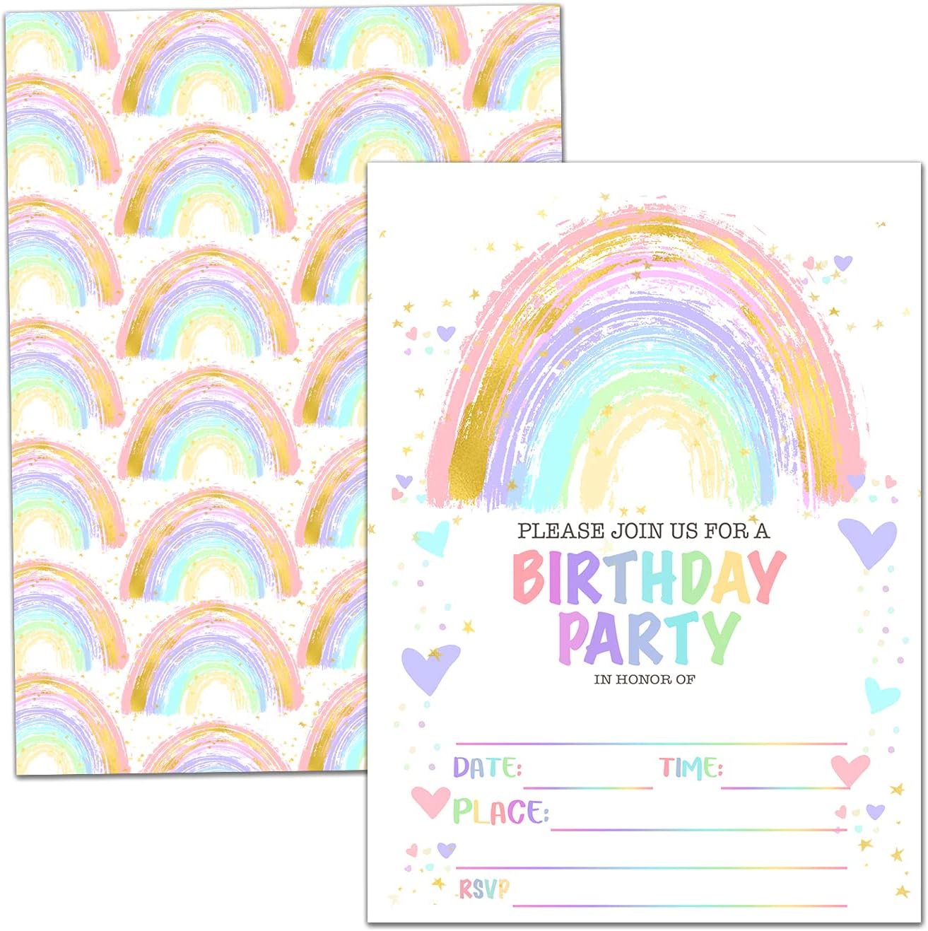 Rainbow Birthday Party Invitation Cards - 20 Pack