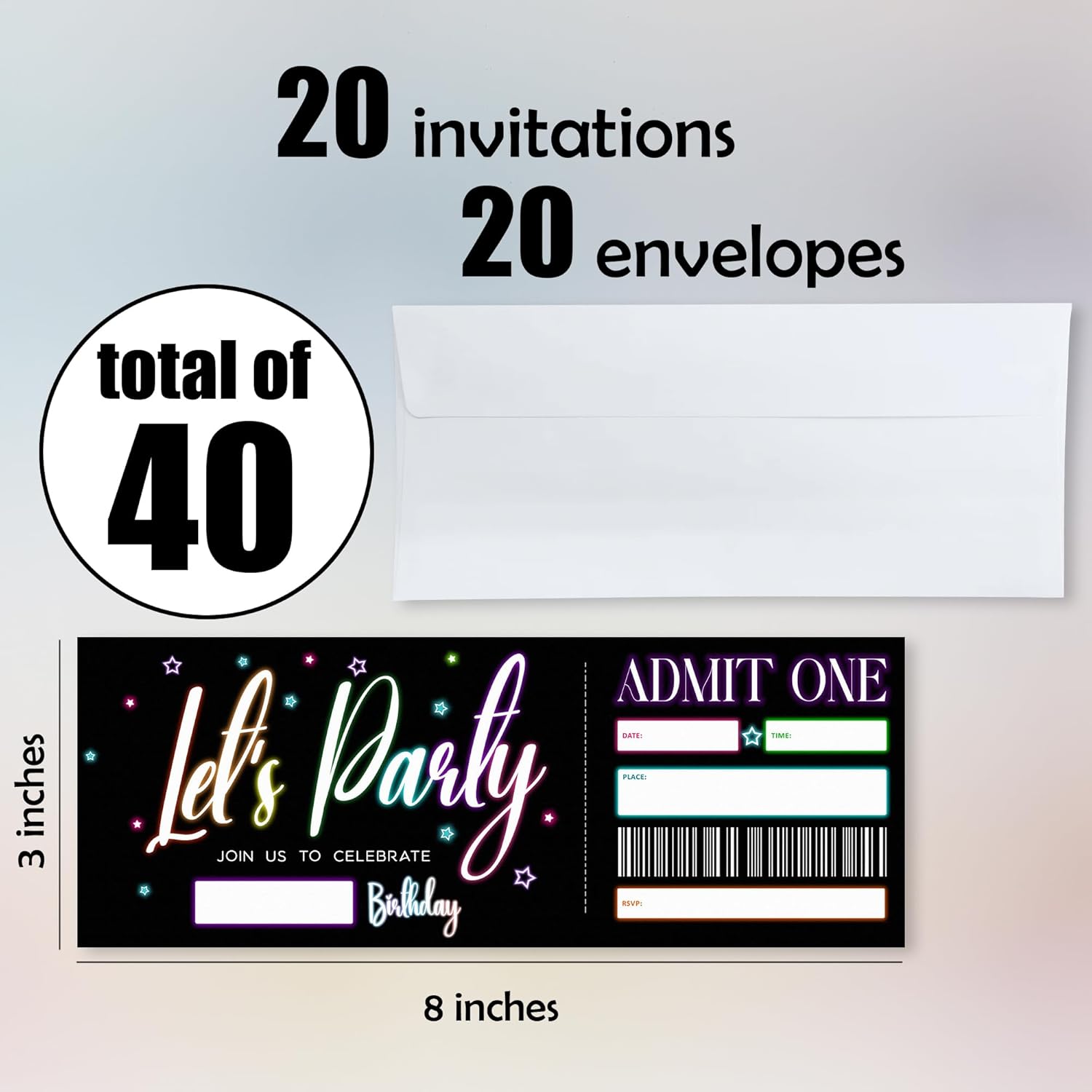 Lets Party Neon Birthday Invites 20 Pcs Double Sided