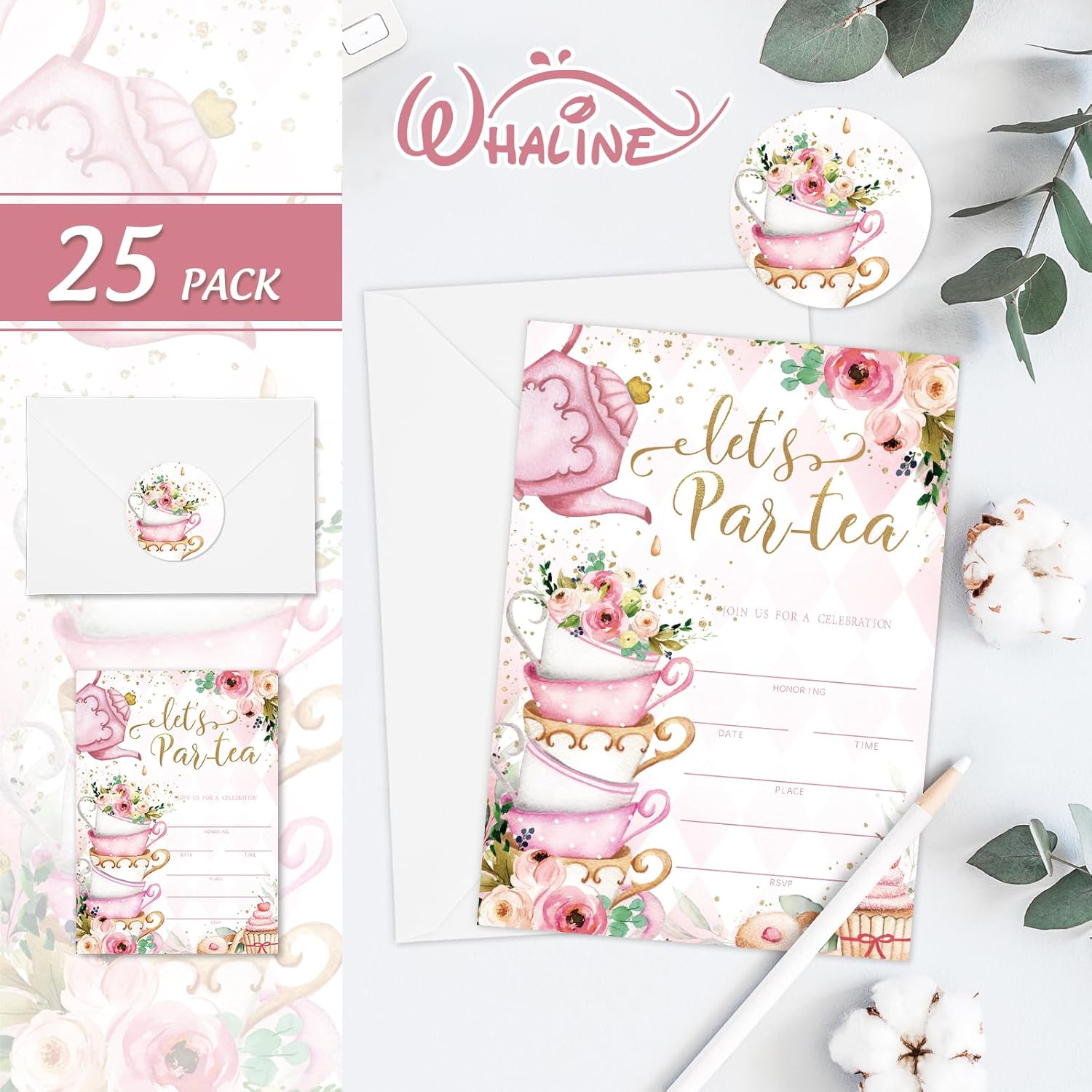 Whaline 25 Pack Tea Party Invitations 5x7 Inch