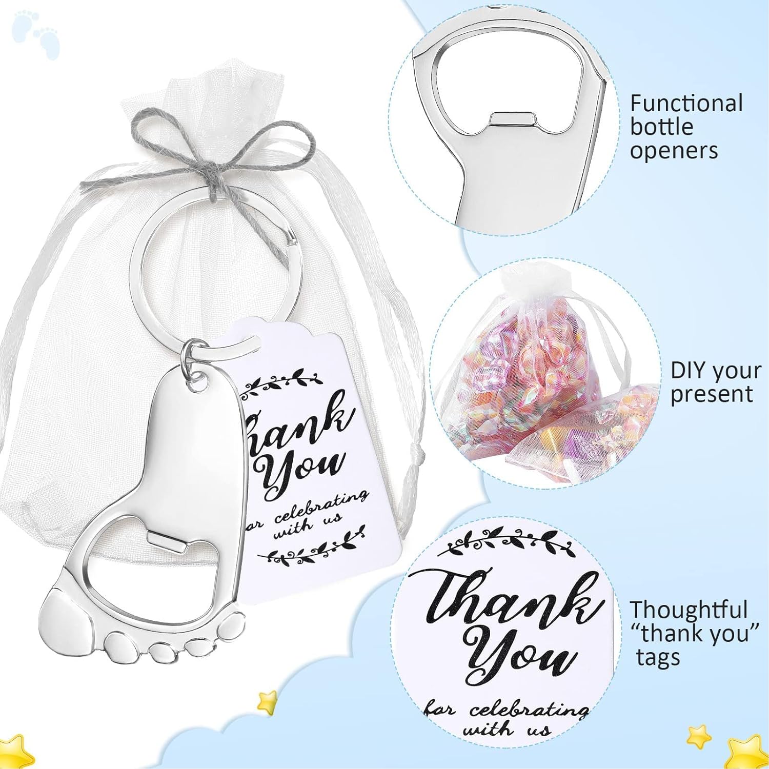 24Pcs Baby Footprint Keychain Bottle Opener