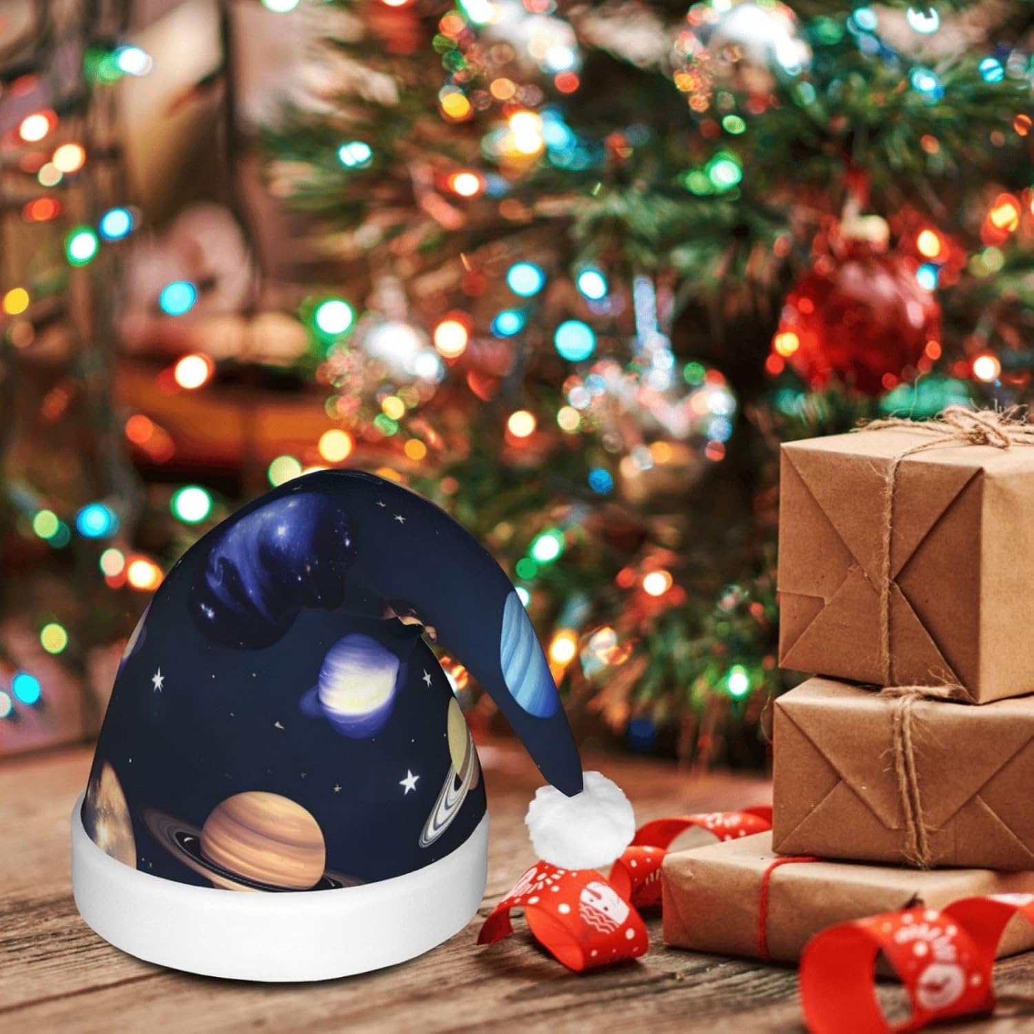 Planets Stars Milky Way Galaxy Print Christmas Hat with LED Light
