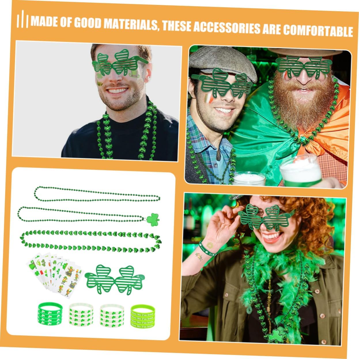 Patricks Day Party Favor Set with Shamrock Glasses Necklace Bracelet Accessories