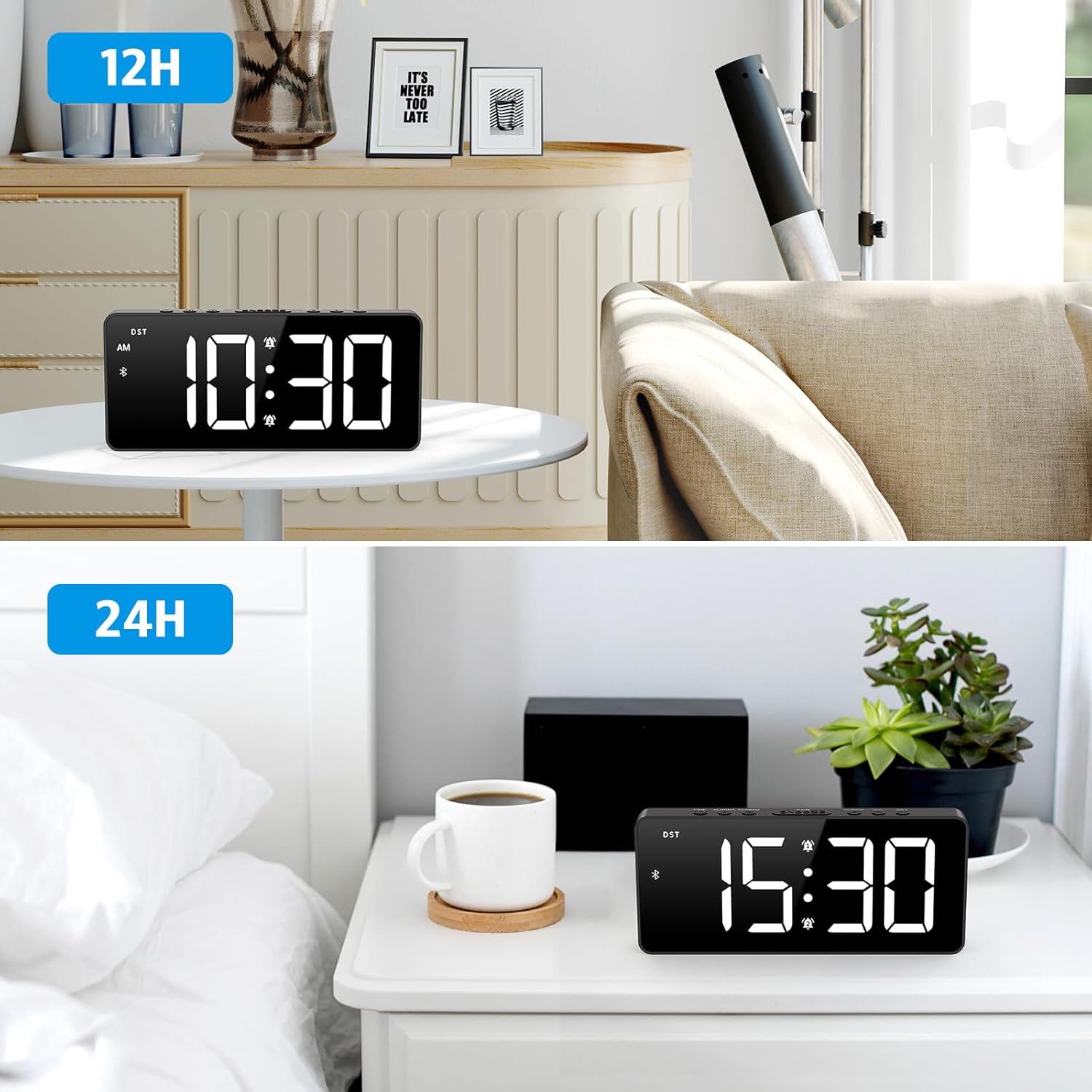 AMIR Alarm Clock for Bedroom with Bluetooth Sync and USB Charging