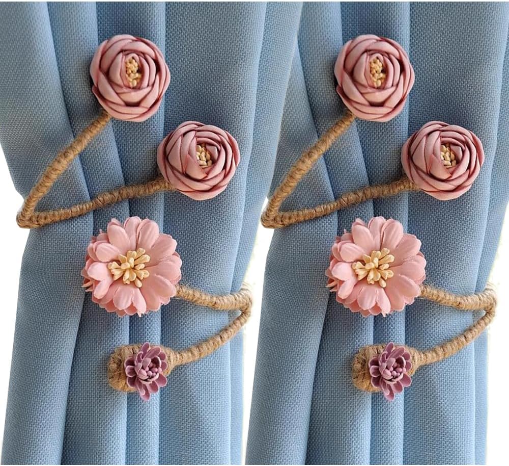 2 Pieces Flexible Curtain Tiebacks with Flower and Branch Design Pink