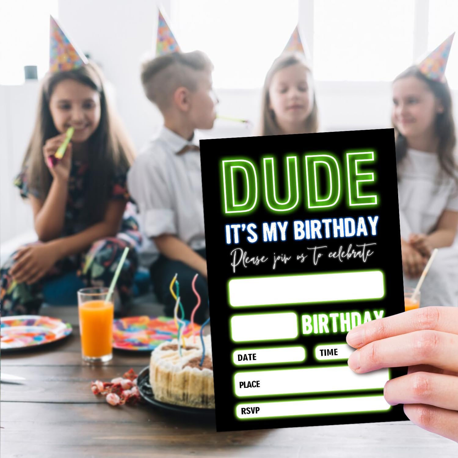 20 Neon Glow Birthday Invites with Envelopes for Boys